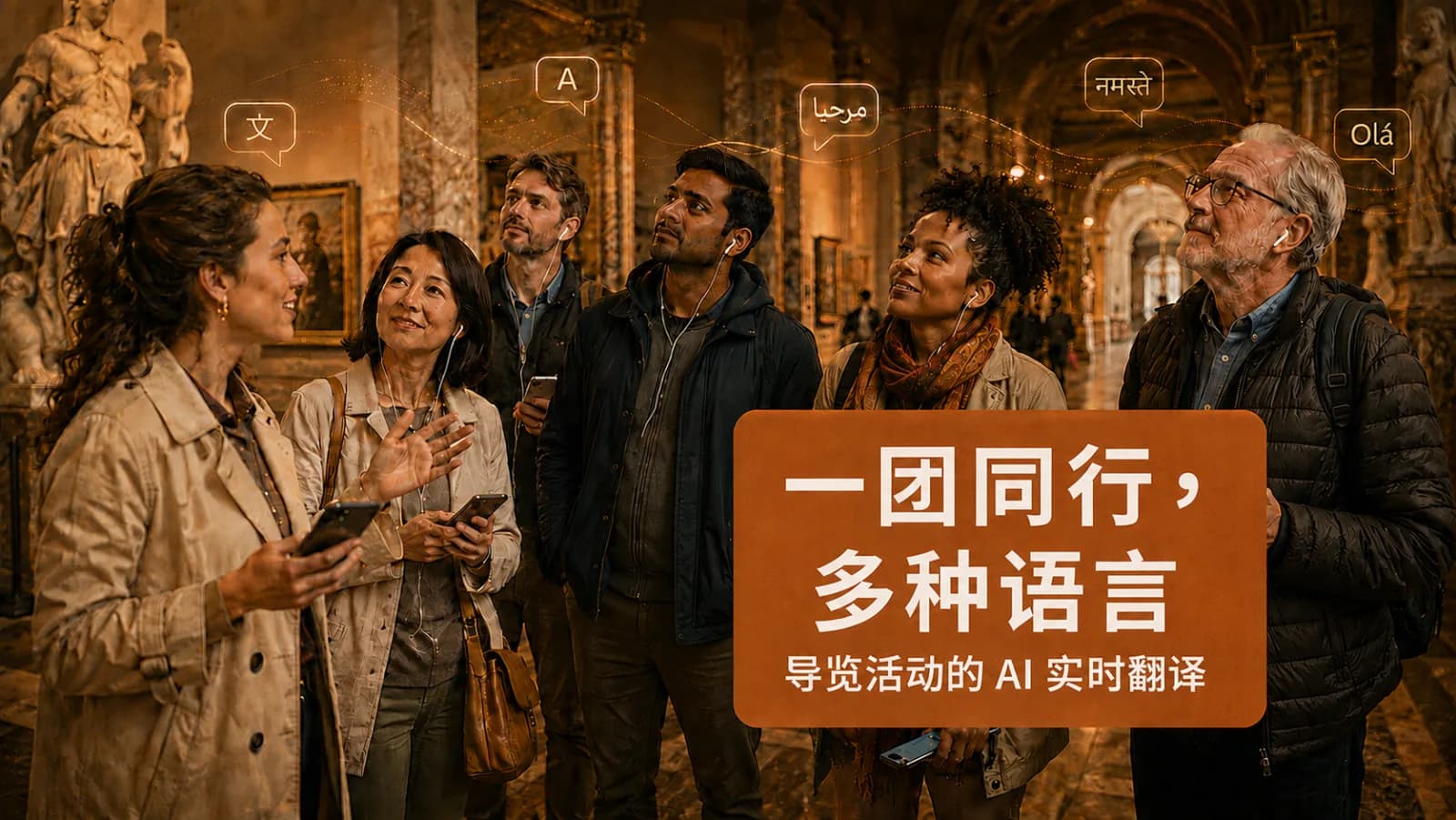 导游带领多语言博物馆团队，访客各自用手机和耳机收听即时口译