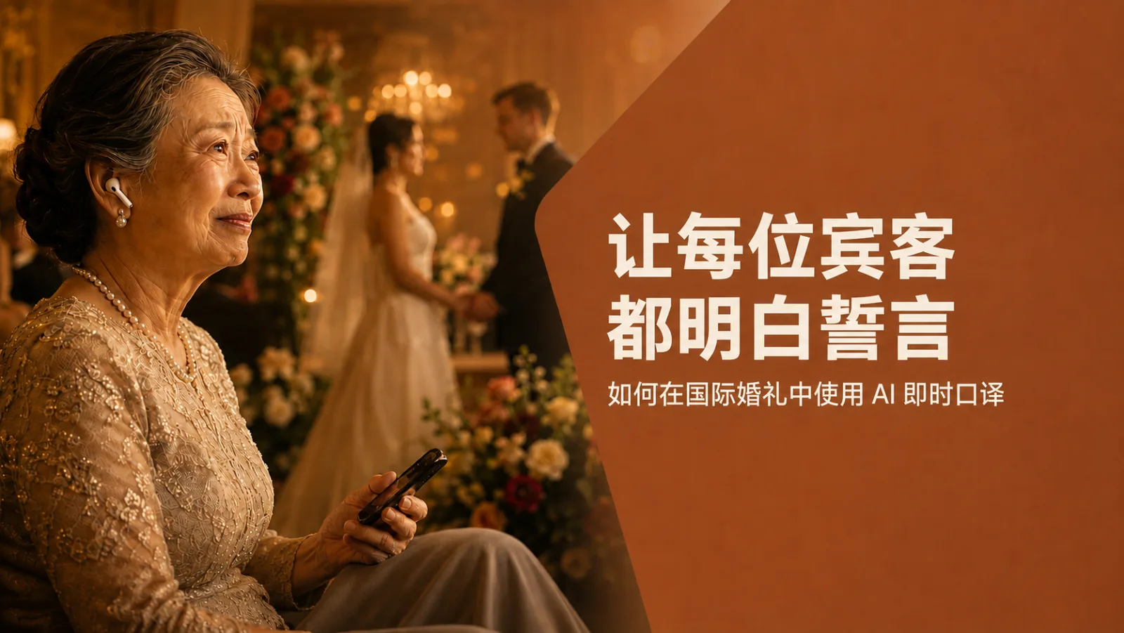 一位年长宾客戴着耳机，用手机跟随婚礼进行，身后是正在交换誓词的新人