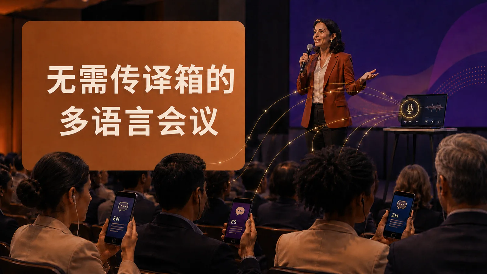 讲者在台上发言，参加者以自己的手机收看英文、西班牙文和中文的即时翻译