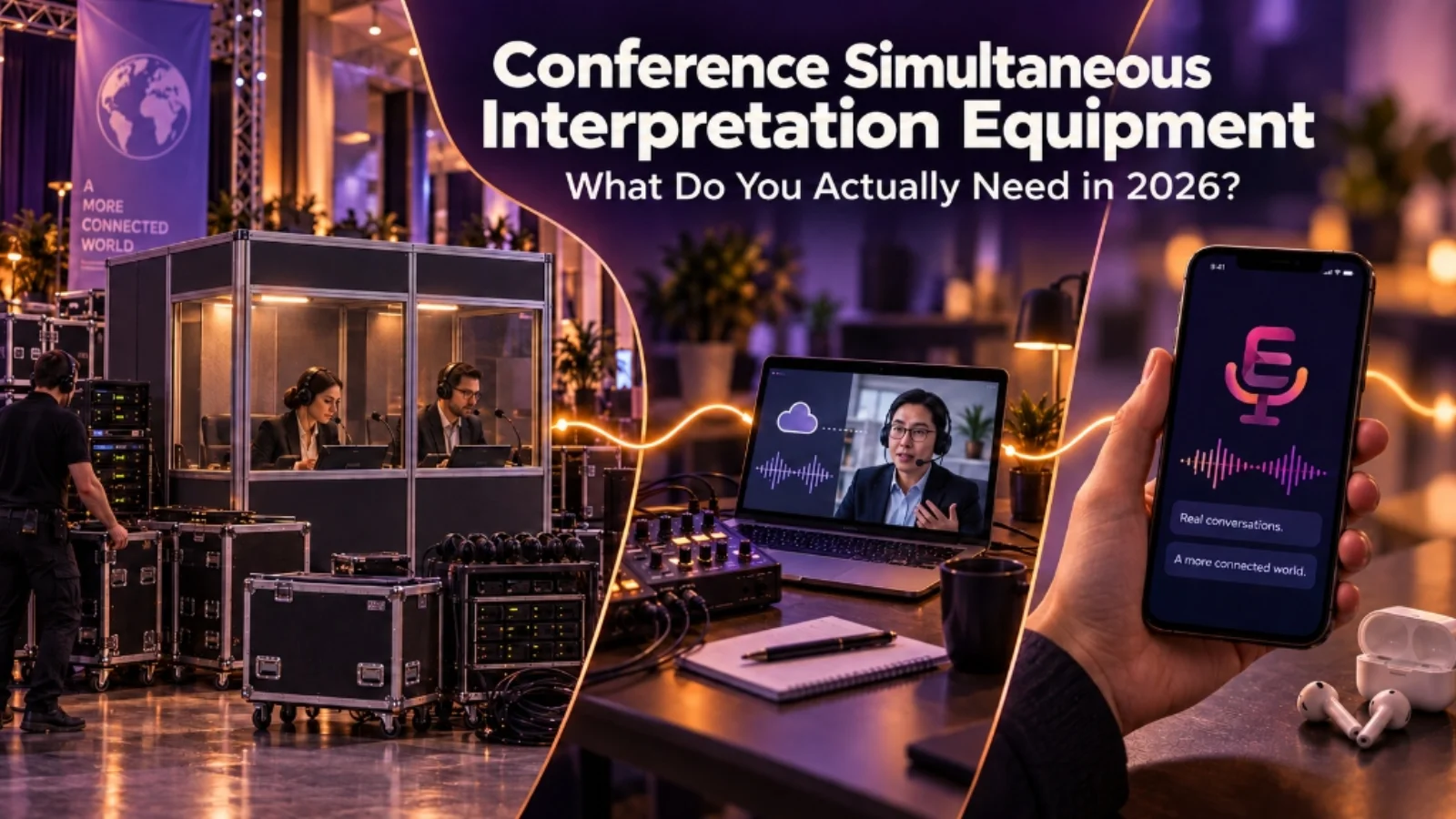 Conference simultaneous interpretation equipment setups comparing on-site interpreter booths, remote interpretation on a laptop, and AI interpretation on a smartphone