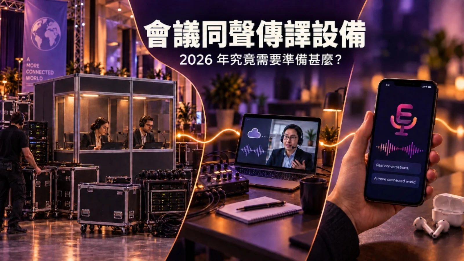 會議同步傳譯設備配置比較:傳統隔音傳譯箱、筆記型電腦上的遙距傳譯,以及手機 AI 同步傳譯