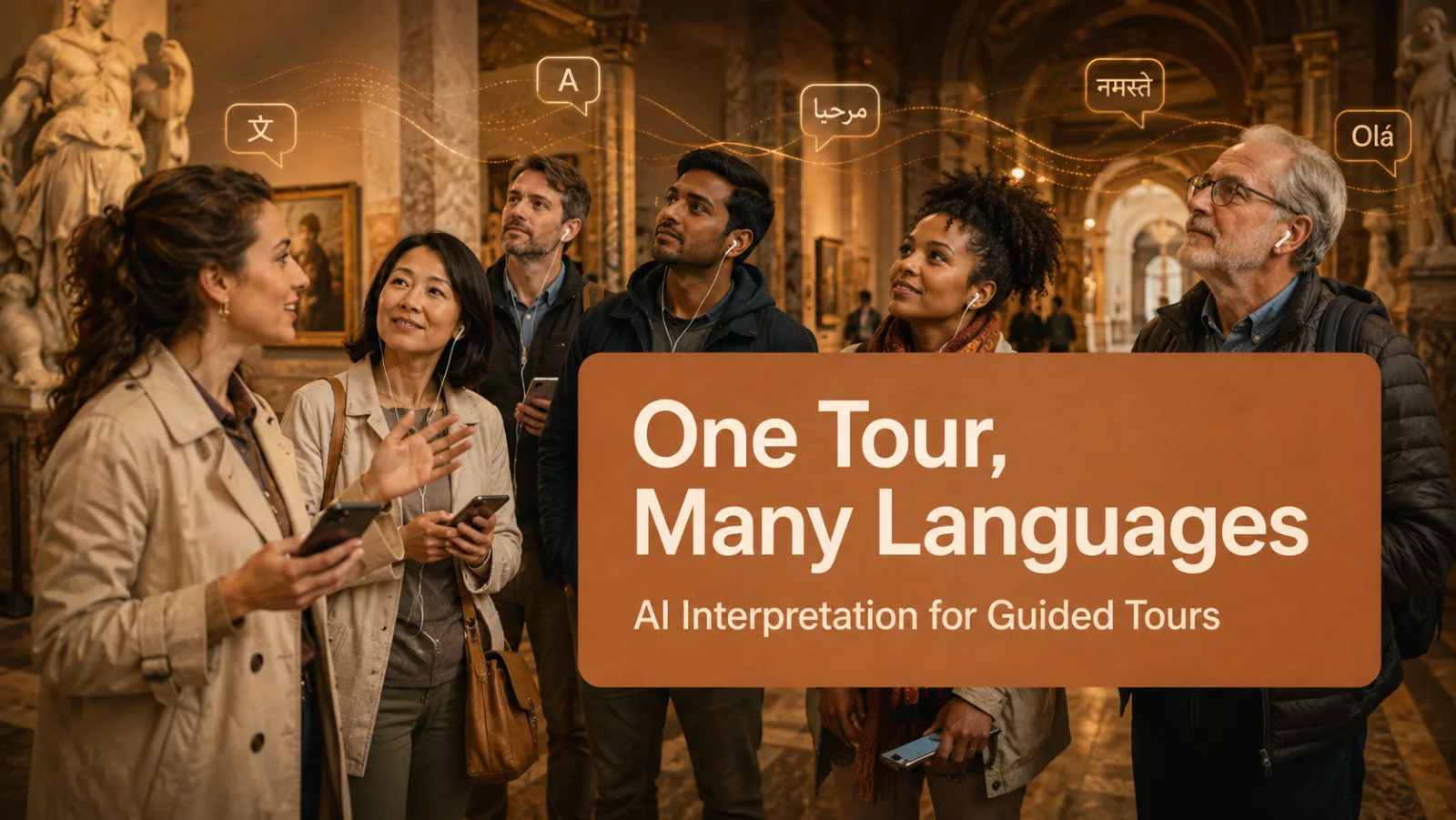 A tour guide leads a multilingual museum group while visitors listen through earphones on their own phones