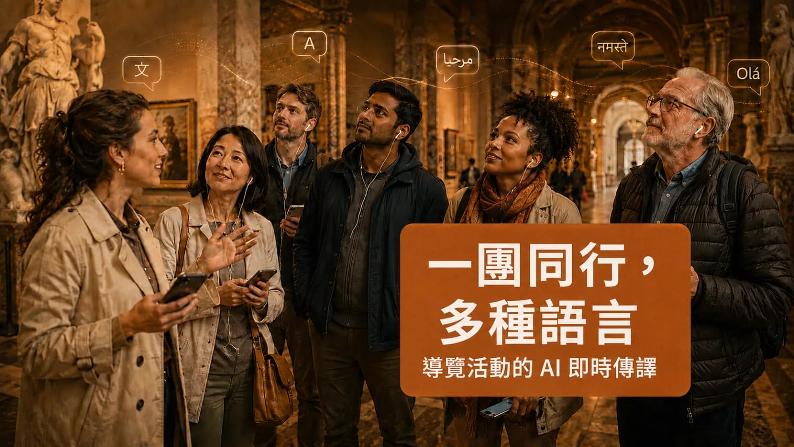 導遊帶領多語言博物館團隊,訪客各自用手機和耳機收聽即時口譯