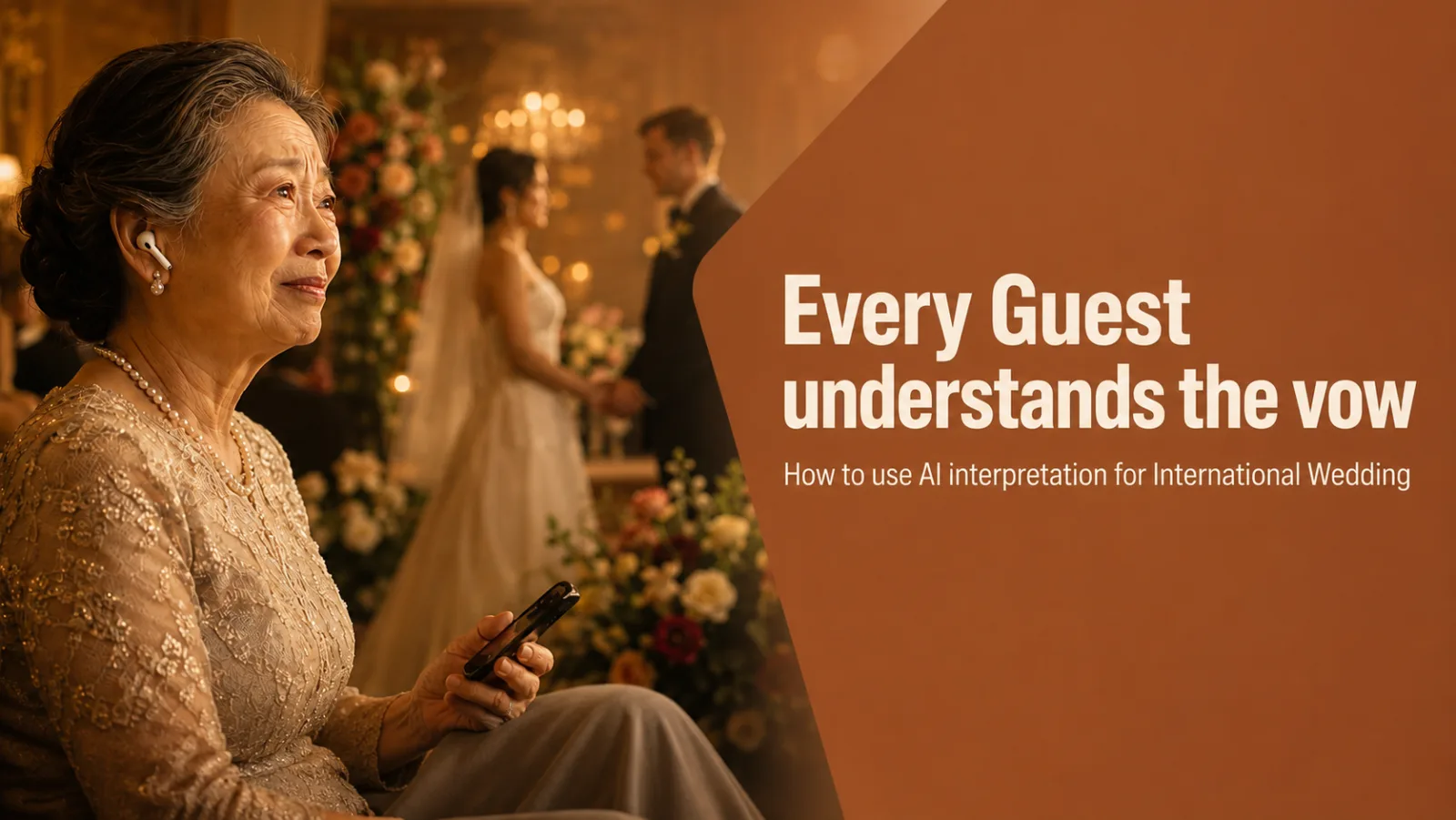 An older wedding guest wearing an earphone follows the ceremony on her phone while the couple exchange vows behind her