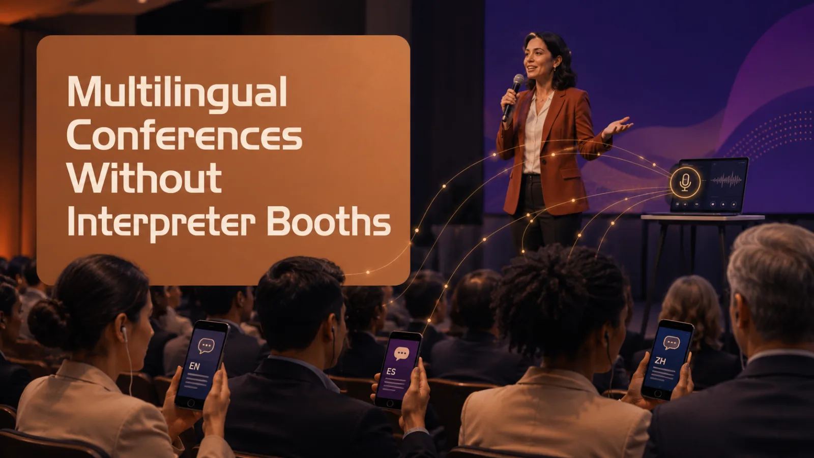 A speaker presents on stage while attendees follow live translation in English, Spanish and Chinese on their own phones