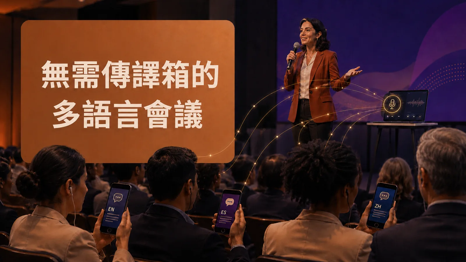 講者在台上發言,參加者以自己的手機收看英文、西班牙文和中文的即時翻譯